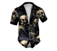 Generico Camicia da uomo con teschio, festa di Halloween, costume da uomo, per feste, Halloween, teschio, stampa a maniche corte, casual, con bottoni, per feste, estive, abbigliamento hawaiano