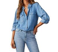 Generico Camicia di Jeans Donna,Camicia Donna Elegante Curvy Scollo A V Manica Lunga con Bottoni Camicie Estiva Tinta Unita Casual in Lavoro Denim Top Camicetta con Tasca
