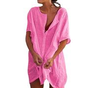 Generico Camicia di Lino Donna - Camicie Donna Estive Elegante Scollo A V Manica Corta Larghi Camicette Mid Tinta Unita Comodo Leggero con Bottoni Camicette Estivi da Spiaggia Vacanza Casa