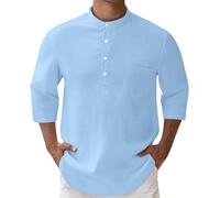 Generico Camicia di Lino Uomo Bianca Maglietta in Camice da Spiaggia Collo Coreana Diplomatico Manica Lunga Camicie Elegante Nera Azzurra Estiva Rosa Slim Fit Abbigliamento Estivo Estive XXL