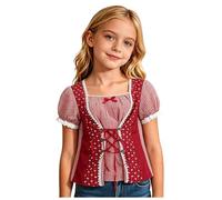 Generico Camicia Dirndl Bambina A Quadri Colletto Maniche Corte con Cuore e Pizzo Nodo Regolabile Bavarese per Oktoberfest Uniforme Scolastica Feste Uso Quotidiano Tessuto Leggero Confortevole