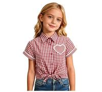 Generico Camicia Dirndl Bambina A Quadri Colletto Maniche Corte con Cuore e Pizzo Nodo Regolabile Bavarese per Oktoberfest Uniforme Scolastica Feste Uso Quotidiano Tessuto Leggero Confortevole