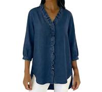 Generico Camicia Donna di Jeans con Volant sul Collo A V Bottoni Frontali