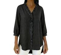 Generico Camicia Donna di Jeans con Volant sul Collo A V Bottoni Frontali