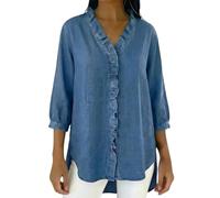 Generico Camicia Donna di Jeans con Volant sul Collo A V Bottoni Frontali