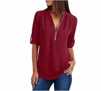 Generico Camicia Donna Elegante,Camicie Donna Estive Mezza Manica Scollo A V con Cernier Maglietta Larghi Casual Tunica Tinta Unita in Chiffon Comodo E Leggero Basic Camicie Basic