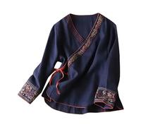 Generico Camicia Donna Elegante Camicie in Lino Camicette Scollo a V T Shirt Leggera E Comoda Blusa Elegante da Lavoro Camicetta Tees Classico per Il Tempo Libero, Leggera, con Tasche