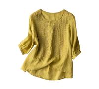 Generico Camicia Donna Estiva Bluse Elegante Girocollo Manica 3/4 Cotone Lino Camicia Ricamo Maglietta Estiva Casual retrò Shirts Tops Camicie Cotton And Linen T-Shirt Casuale
