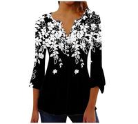 Generico Camicia Donna Estiva T Shirt Donna Manica Lunga Maglietta Elegante Scollo a V Cotone Camicia Oversize Fantasia Camicie Larga Estiva T Shirt Sportiva Nera Cotone