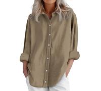 Generico Camicia Donna Manica Lunga Estiva Camicie in Lino Cotone Elegante Blusa con Bottoni Lavoro Casual Top Camicetta da Spiaggia Tinta Unita Classico