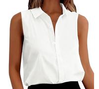 Generico Camicia Estiva Donna,Blusa Donna Elegante Curvy Senza Maniche Colletto A Revers Camicetta Basic Tinta Unita da Lavoro Ufficio Leggero E Traspirante Canotta Blusa con Bottoni