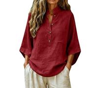 Generico Camicia in Lino da Donna Collo Mandarino Scollo V Mezza Chiusura, Maniche Tre Quarti E Una Tasca sul Petto, Tessuto Stropicciato, vestibilità Ampia Estiva(Wine, M)
