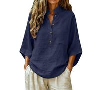 Generico Camicia in Lino da Donna Collo Mandarino Scollo V Mezza Chiusura, Maniche Tre Quarti E Una Tasca sul Petto, Tessuto Stropicciato, vestibilità Ampia Estiva(Navy, M)