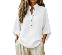 Generico Camicia in Lino da Donna Collo Mandarino Scollo V Mezza Chiusura, Maniche Tre Quarti E Una Tasca sul Petto, Tessuto Stropicciato, vestibilità Ampia Estiva(White, XXXL)
