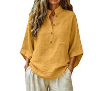 Generico Camicia in Lino da Donna Collo Mandarino Scollo V Mezza Chiusura, Maniche Tre Quarti E Una Tasca sul Petto, Tessuto Stropicciato, vestibilità Ampia Estiva(Yellow, M)
