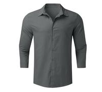 Generico Camicia in Lino Uomo Collo Coreana Manica Lunga Camicie da Spiaggia Cotone Primavera Estate Maglia Elegante Tinta Unita Casual Shirts Polo Uomo A Righe per Un Look Business