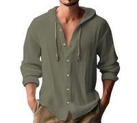 Generico Camicia in Lino Uomo Estiva Elegante Cotone E Lino Camicie con Cappuccio Leggera Comode Casual Shirts con Tasca Coreana Maglietta Maniche Lunghe con Bottoni Traspirante T-Shirt da Uomo