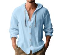 Generico Camicia in Lino Uomo Estiva Elegante Cotone E Lino Camicie con Cappuccio Leggera Comode Casual Shirts con Tasca Coreana Maglietta Maniche Lunghe con Bottoni Traspirante T-Shirt da Uomo
