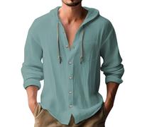 Generico Camicia in Lino Uomo Estiva Elegante Cotone E Lino Camicie con Cappuccio Leggera Comode Casual Shirts con Tasca Coreana Maglietta Maniche Lunghe con Bottoni Traspirante T-Shirt da Uomo