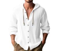 Generico Camicia in Lino Uomo Estiva Elegante Cotone E Lino Camicie con Cappuccio Leggera Comode Casual Shirts con Tasca Coreana Maglietta Maniche Lunghe con Bottoni Traspirante T-Shirt da Uomo