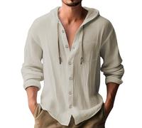 Generico Camicia in Lino Uomo Estiva Elegante Cotone E Lino Camicie con Cappuccio Leggera Comode Casual Shirts con Tasca Coreana Maglietta Maniche Lunghe con Bottoni Traspirante T-Shirt da Uomo