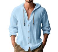 Generico Camicia in Lino Uomo Estiva Elegante Cotone E Lino Camicie con Cappuccio Leggera Comode Casual Shirts con Tasca Coreana Maglietta Maniche Lunghe con Bottoni Traspirante T-Shirt da Uomo