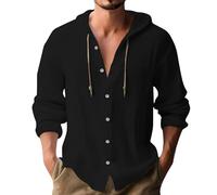 Generico Camicia in Lino Uomo Estiva Elegante Cotone E Lino Camicie con Cappuccio Leggera Comode Casual Shirts con Tasca Coreana Maglietta Maniche Lunghe con Bottoni Traspirante T-Shirt da Uomo