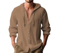 Generico Camicia in Lino Uomo Estiva Elegante Cotone E Lino Camicie con Cappuccio Leggera Comode Casual Shirts con Tasca Coreana Maglietta Maniche Lunghe con Bottoni Traspirante T-Shirt da Uomo