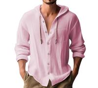 Generico Camicia in Lino Uomo Estiva Elegante Cotone E Lino Camicie con Cappuccio Leggera Comode Casual Shirts con Tasca Coreana Maglietta Maniche Lunghe con Bottoni Traspirante T-Shirt da Uomo