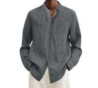 Generico Camicia in Lino Uomo Solid Casual Plus Size Loose Shirt Mens Turn Down Collar Long Sleeve Shirt (Dark Gray, XXXL)