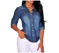 Generico Camicia Jeans Donna Curvy,Camicette Donna Eleganti Scollo A V Maniche Lunghe Bottoni Cotone Camicie Slim Fit Vintage Casual Comodo Leggero Denim Camicetta