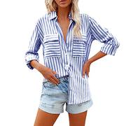 Generico Camicia Lino Donna Estiva,Camice Donna Eleganti Scollo A V Manica Lunga A Righe Camicette Vintage con Bottoni Larghi Casual Leggero E Morbido Camicie con Tasca da Lavoro