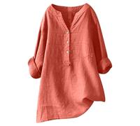 Generico Camicia Lino Donna Estiva Camicie Donna Tunica con Button Maglietta Casual Maniche Lunghe 3/4 Top da Ufficio Maglietta in Lino Blusa Top Primaverile Estivi da Lavoro (Z1-Orange, L)