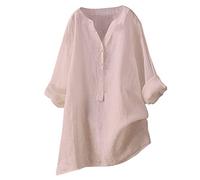 Generico Camicia Lino Donna Estiva Cotone Maniche Lunghe 3/4 Camicetta con Button Scollo a V Maglietta in Lino Blusa Top Copri Costume da Spiaggia Sciolti Casual Bikini Cover Up
