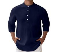 Generico Camicia Lino Uomo a Maniche Tre Quarti con Colletto alla Coreana e Taschino, Tinta Unita Elegante Camicie Estiva, per la Spiaggia, Le Vacanze e L'Ufficio.