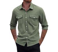 Generico Camicia Lino Uomo,Camicia Nera Uomo,da in a Maniche Lunghe con vestibilità Ampia e Colletto Tinta Unita per la Primavera e L'Estate Felpa (Army Green, L)