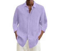 Generico Camicia Lino Uomo Coreana Casual Plus Size Loose Shirt Mens Turn Down Collar Long Sleeve Shirt (Purple, XL)