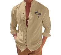 Generico Camicia Lino Uomo Coreana Cotone Autunnale, Camicia a Maniche Lunghe con Bottoni Bavero in Piedi, Stampa a Caldo, Top Cardigan da Uomo (Khaki, XXL)
