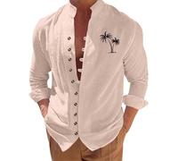 Generico Camicia Lino Uomo Coreana Cotone Autunnale, Camicia a Maniche Lunghe con Bottoni Bavero in Piedi, Stampa a Caldo, Top Cardigan da Uomo (Pink, M)