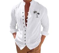 Generico Camicia Lino Uomo Coreana Cotone Autunnale, Camicia a Maniche Lunghe con Bottoni Bavero in Piedi, Stampa a Caldo, Top Cardigan da Uomo (White, L)