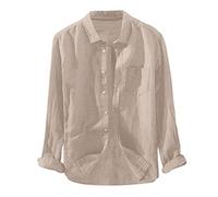 Generico Camicia Lino Uomo Coreana Lunga Turn Down Sleeve Tops Long Daily Button Men Camicie (Khaki, M)