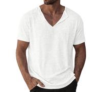 Generico Camicia Lino Uomo Manica Corta a Maniche Corte con Scollo a V,vestibilità Ampia,in Cotone e Lino,per Commercio Estero,per Estiva Beach Spiaggia (Bianco, 3XL)