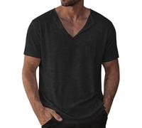 Generico Camicia Lino Uomo Manica Corta a Maniche Corte con Scollo a V,vestibilità Ampia,in Cotone e Lino,per Commercio Estero,per Estiva Beach Spiaggia (Nero, S)