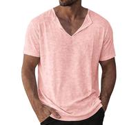 Generico Camicia Lino Uomo Manica Corta a Maniche Corte con Scollo a V,vestibilità Ampia,in Cotone e Lino,per Commercio Estero,per Estiva Beach Spiaggia (Rosa, XXL)