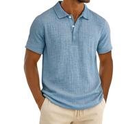 Generico Camicia Lino Uomo Manica Corta Casual,con Bottoni,Maniche Lunghe,per L'Estate,E Va Canze Cubane O Come da Spiaggia a Tinta Unita Estiva Beach (Cielo Blu, XL)
