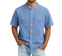 Generico Camicia Lino Uomo Manica Lunga Camicia Uomo Estiva Manica Corta Denim Casual Cotone Camicie con Tasche Colletto Coreano Stile Vintage Slim Fit per di Lino da