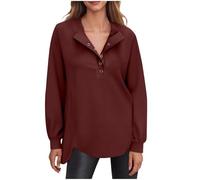 Generico Camicia Marrone Donna Maglietta Donna Manica Lunga T Shirt Leggeri Curvy Scollo a V Cotone Camicia Sciolto Tinta Unita Blusa Essentials Primaverile T t-Shirt Cotone