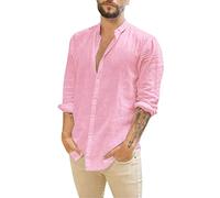 Generico Camicia Rossa Uomo,Camicia Lino Uomo, Camicie Manica Lunga Camicie Colletto Rovesciato Elegante Tinta Unita Shirt Casual Slim Fit Estive Spiaggi Shirts con Taschino Rosa L