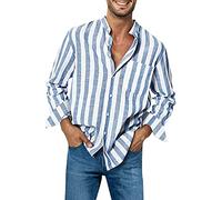 Generico Camicia Uomo a Righe Cotone Manica Lunga Casual Lino Trama Western Regular Fit