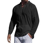 Generico Camicia Uomo con Cappuccio Maniche Lunghe in Cotone e Lino, Tinta Unita con Tasche e Lacci, Stile Casual Ideale per la Stagione Estiva e Autunnale(Black, S)